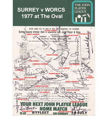 Surrey-cricket-memorabilia-1977-Worcestershire-John-Player-sunday-league-match-signed-scorecard-younis-ahmed-glenn-turner-doliveira-roope-butcher-howarth