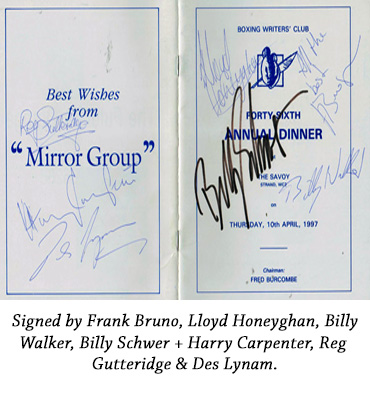 Frank-Bruno-autograph-signed-1997-boxing-writers-club-annual-dinner-menu-lloyd-honeyghan-memorabilia-billy-walker-schwer-harry-carpenter-reg-gutteridge-des-lynam