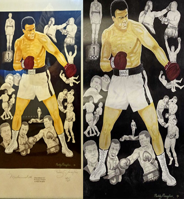 Muhammad-Ali-signed-Paddy-Monaghan-artist-boxing-print-autograph-the-greatest-peoples-champion-boxer-montage-cassius-clay
