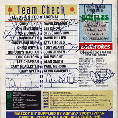 Arsenal-football-memorabilia-squad-signed-1992-match-day-programme-Leeds-Utd-AFC-Ian-Wright-autograph-Seaman-Anders-Limpar-Adams-Dixon-Jensen