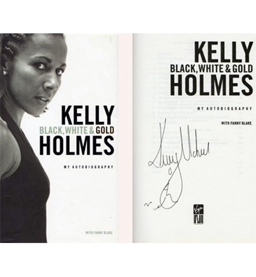 Kelly-Holmes-signed-athletics-memorabilia-olympic-champion-800m-1500m-dame-book-autobiography-black-white-and-gold-autograph